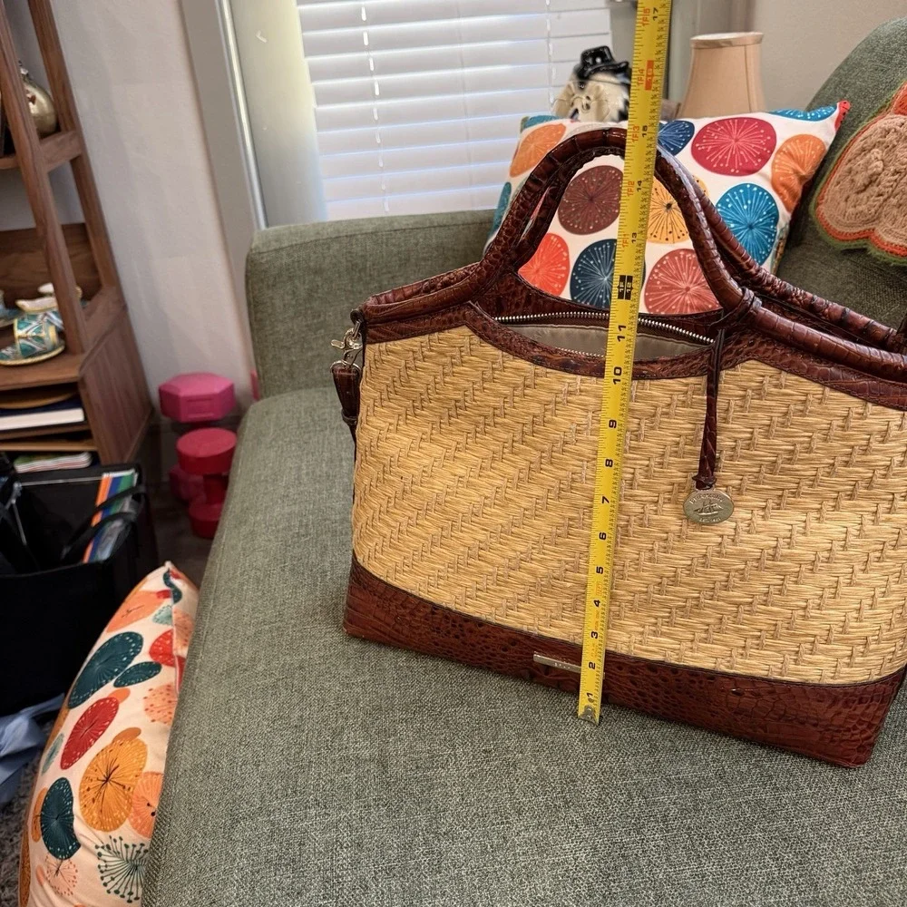 Brahmin Straw Raffia & Melbourne Embossed Leather Satchel Tote Brown Croc - Picture 4 of 13